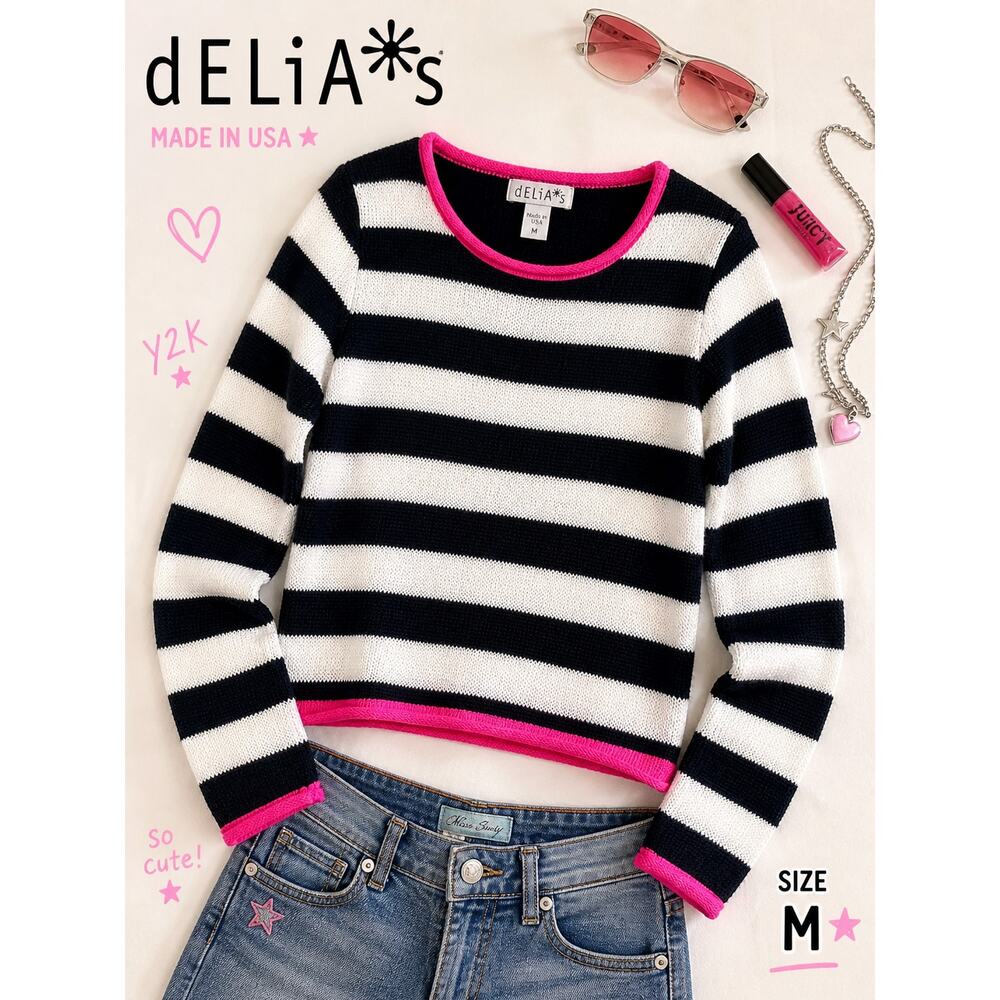 Delia’s Striped Knit Sweater Black White Pink Trim Y2K Size Medium USA